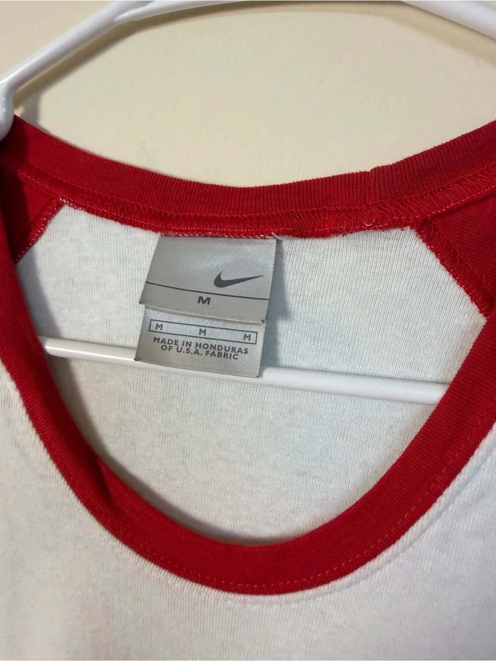 Nike White Tee with Red Raglan Sleeves & Soccer Graphic
